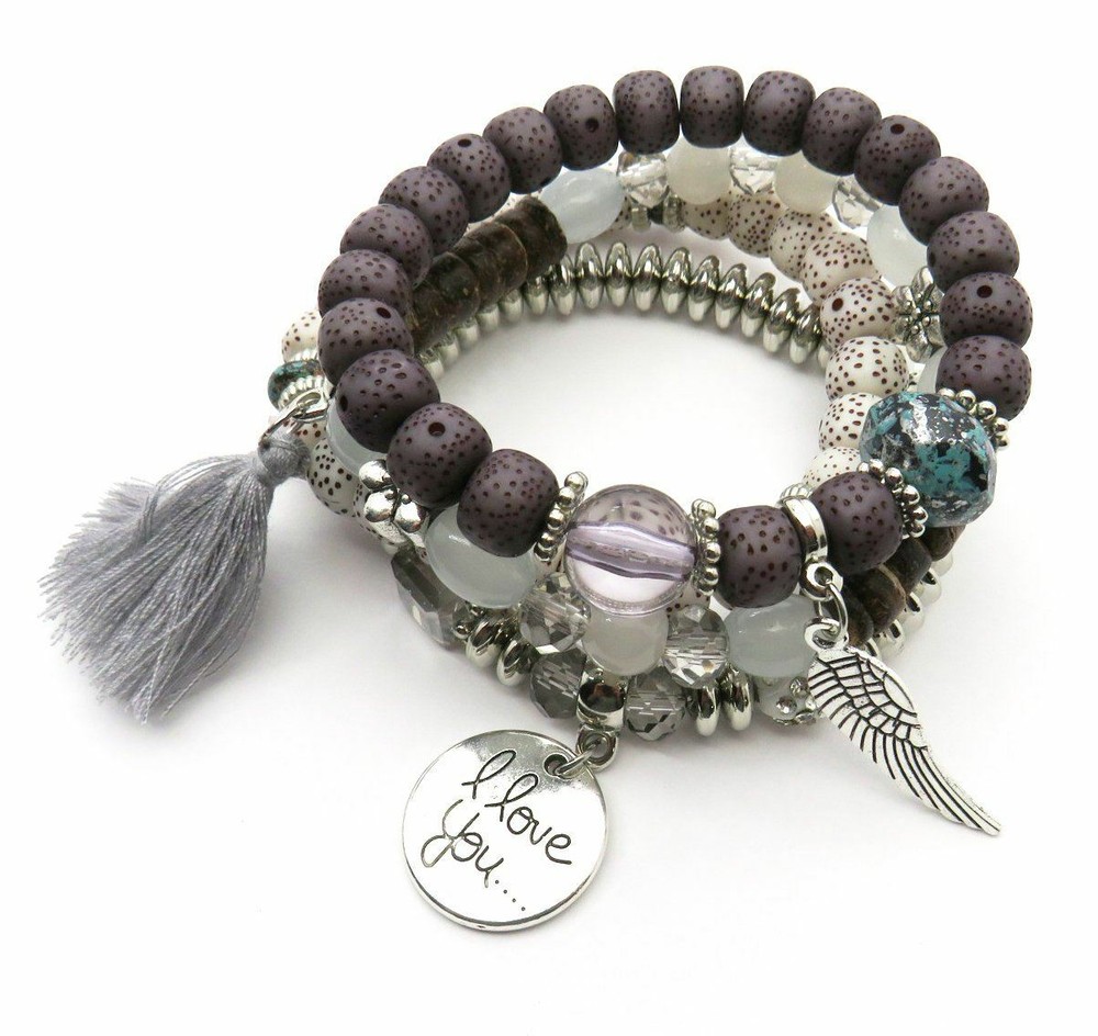 Tassel Love Bracelet Set, 4pc, Grey