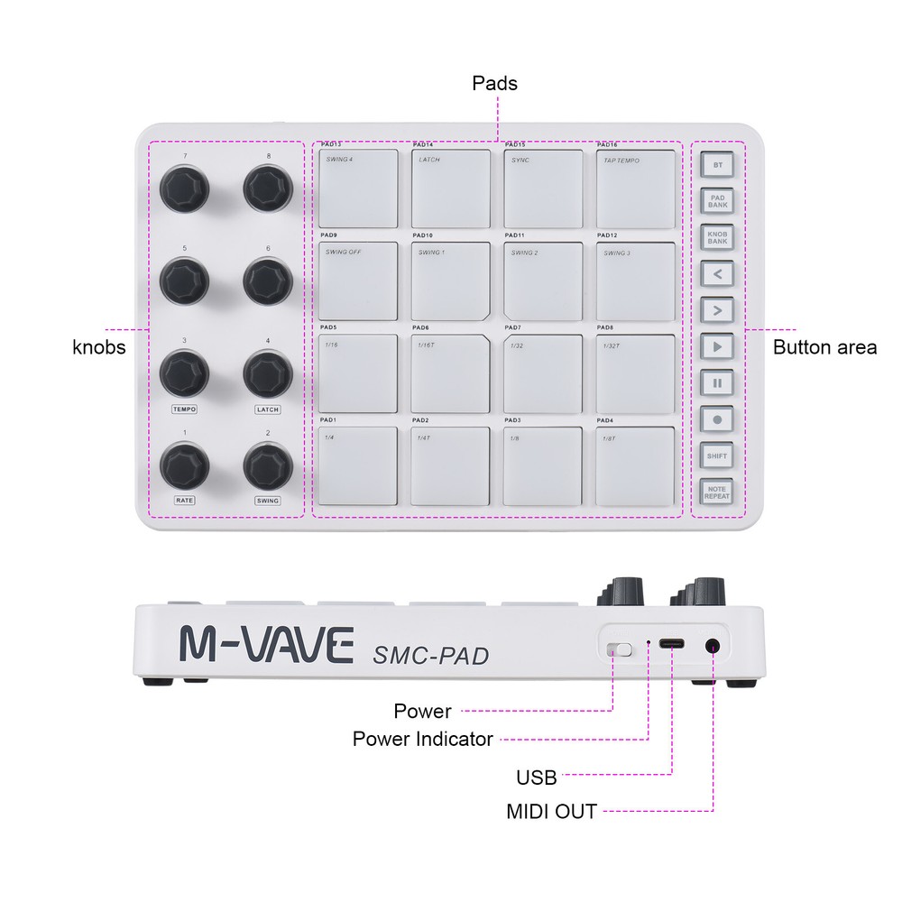Mini MIDI Controller Pad 16 RGB Beat Pads 8 Assignable Knobs 3.5mm Output T7A8
