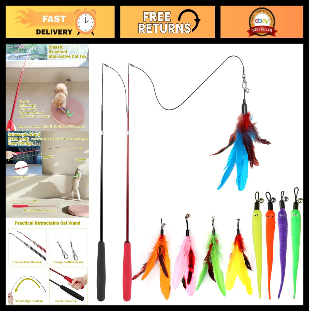 Interactive Cat Toy Set - 2 Retractable Wands & 9 Feather Refills for Indoor Cat