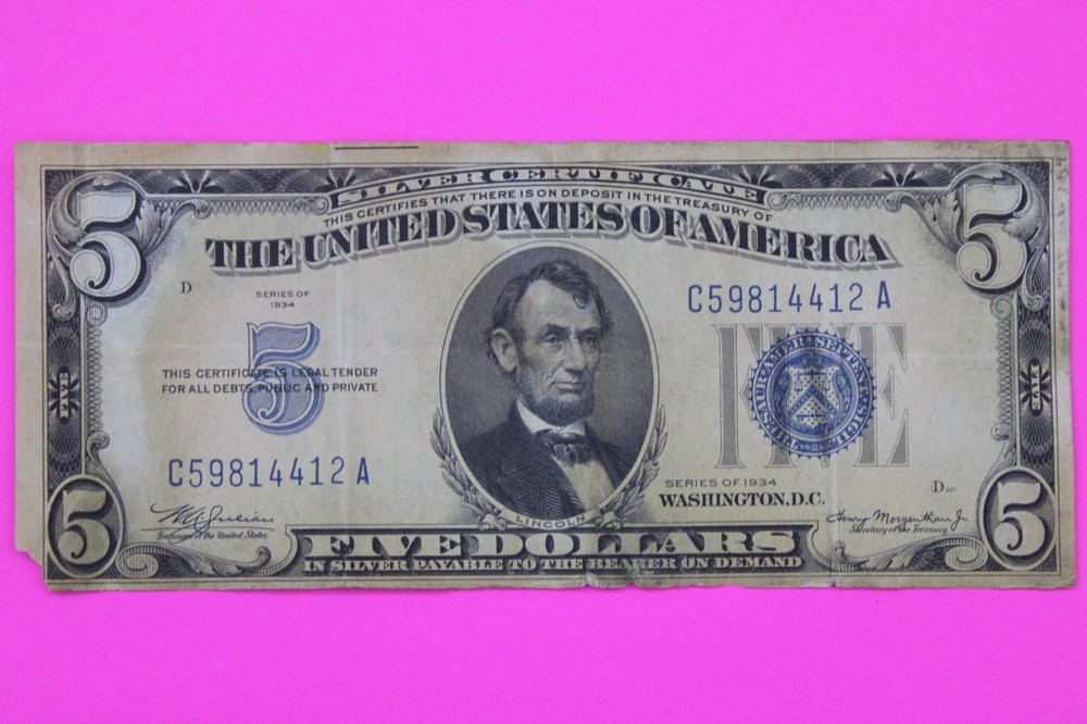 1934 $5 Five Dollars Silver Certificate Guaranteed Authentic Note Currency 25