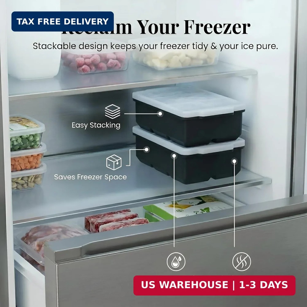 KitchFort Large Silicone Ice Cube Tray (2-Pack), Easy Release 2" Big Ice Cubes -