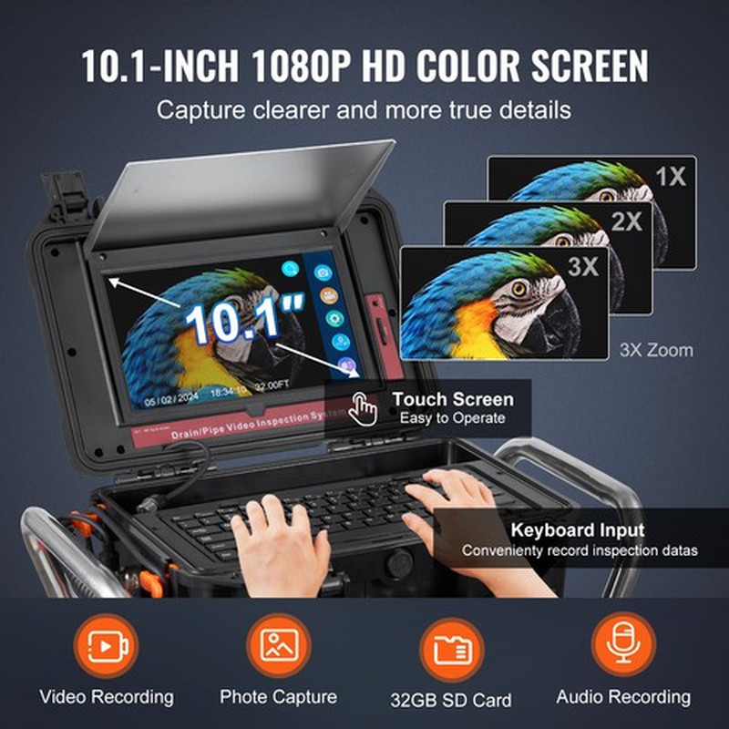 Sewer Camera 328 Ft/100M Self-Leveling Drain Camera with 10.1" Touchscreen