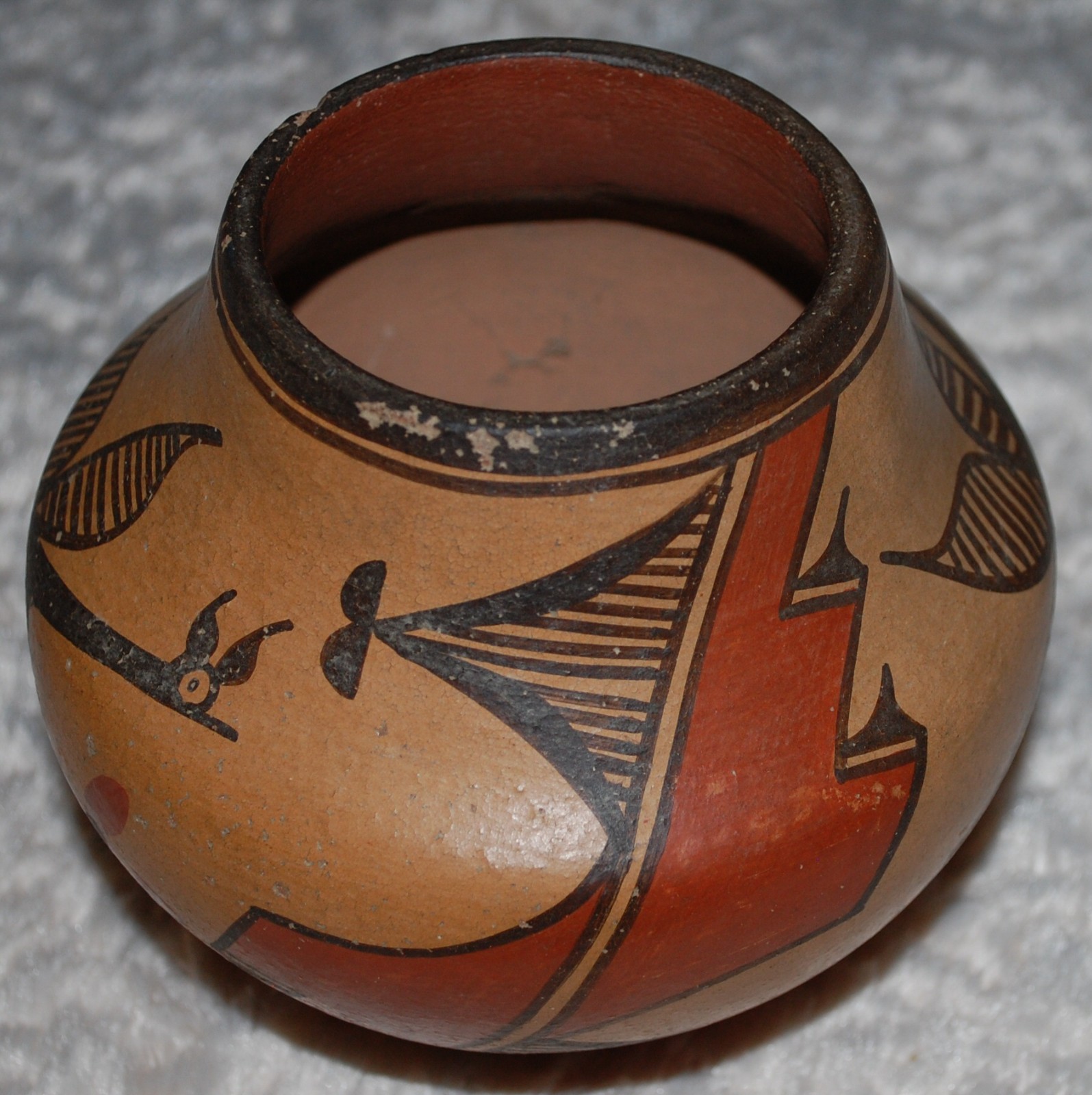 Vintage-1930-40 Zia Pottery Jar Roadrunner, Flower & Geometric designs-E. Medina