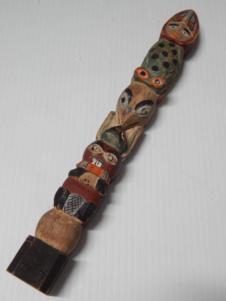 VINTAGE ALASKA TLINGIT INDIAN NW COAST 6 fig. YELLOW CEDAR WOOD TOTEM POLE MODEL