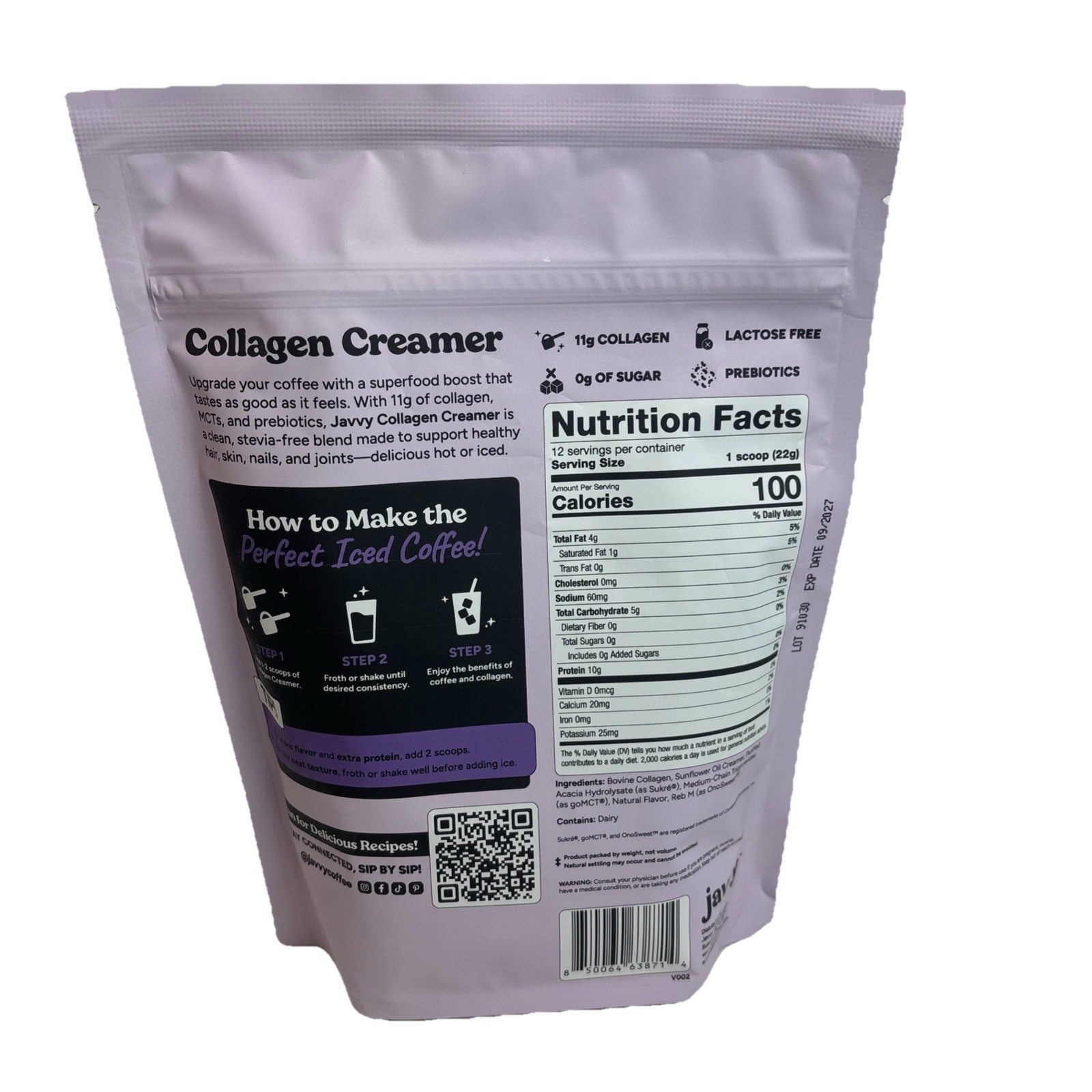 Javvy Sweet Cream 11g Collagen Lactose Free Creamer Prebiotics MCT Oil 0g sugar