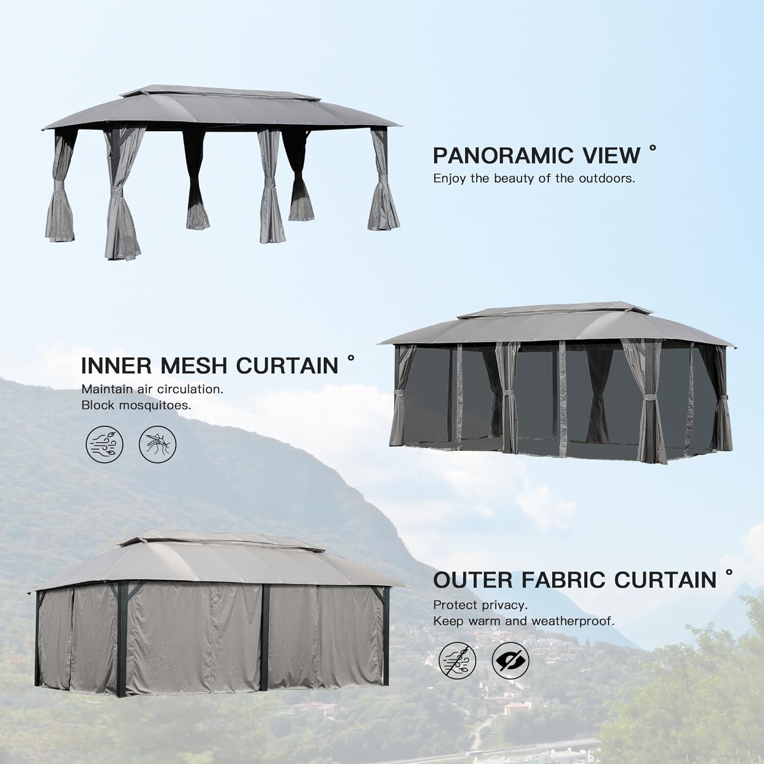 Domi Outdoor Double Roof Gazebo 10x20FT, w/Curtain&Nets, Heavy Duty Metal Frame