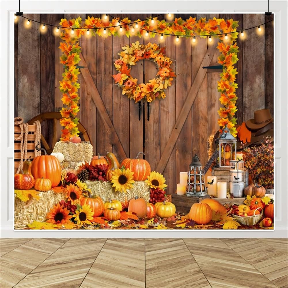 Fall Thanksgiving Backdrop 10x8ft Rustic Barn Autumn Pumpkin Haystack Friends...
