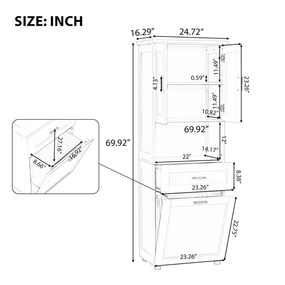 Multifunctional Bathroom Cabinet with Laundry Hamper, Smooth Waterproof Surface