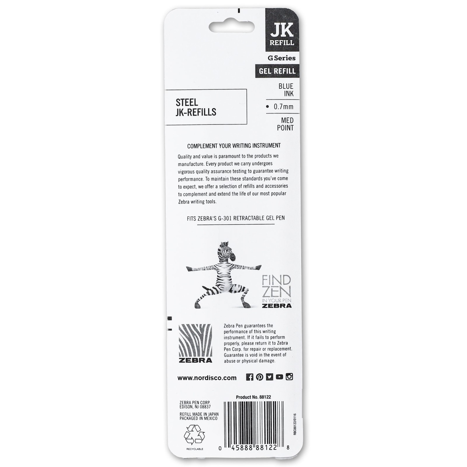 ZEBRA G301, G750 JK Refills 88122, Blue Gel Ink, 6 Packs, FREE Shipping