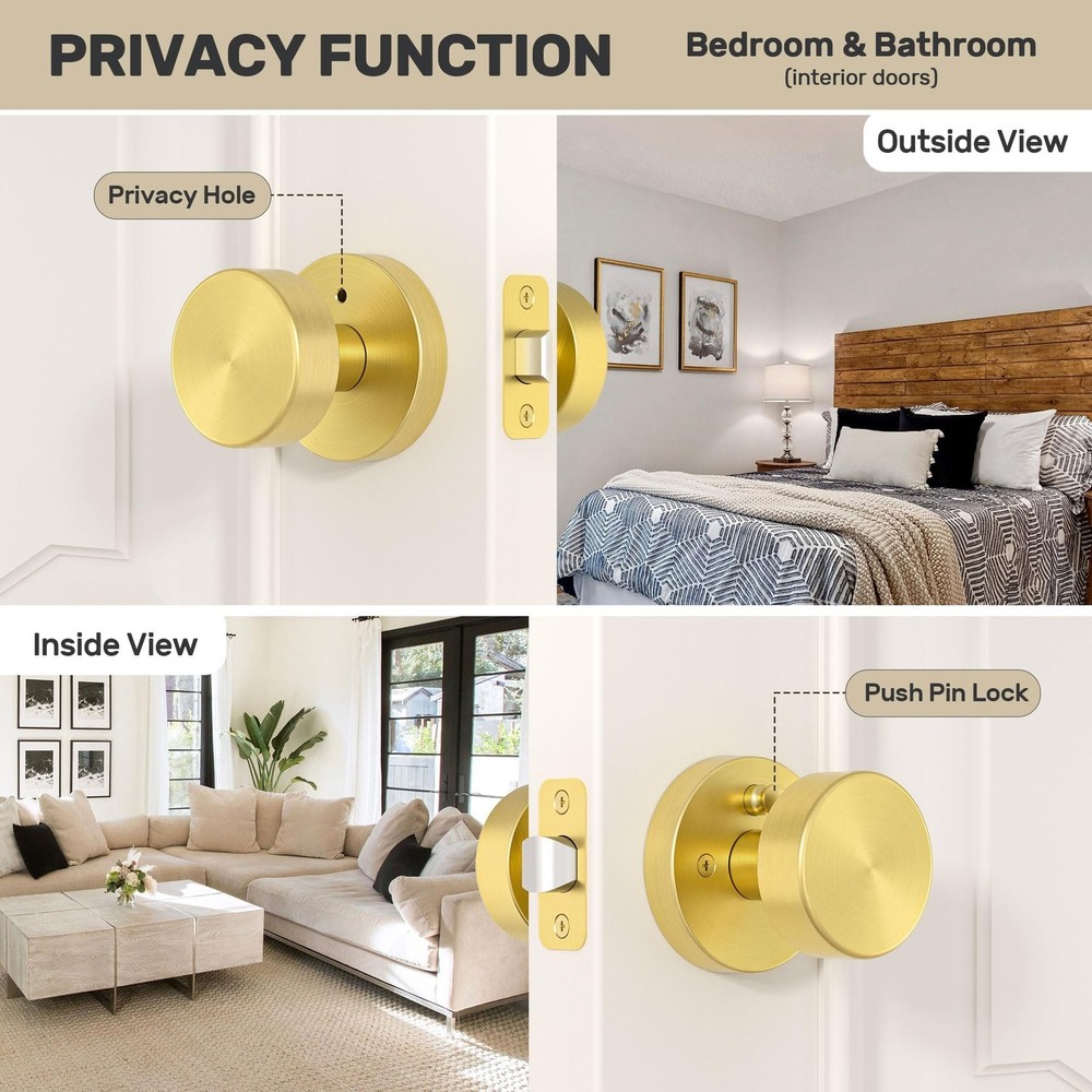 Gold Door Knob Privacy Door Knobs Interior Satin Brass Door Knobs Modern Roun...