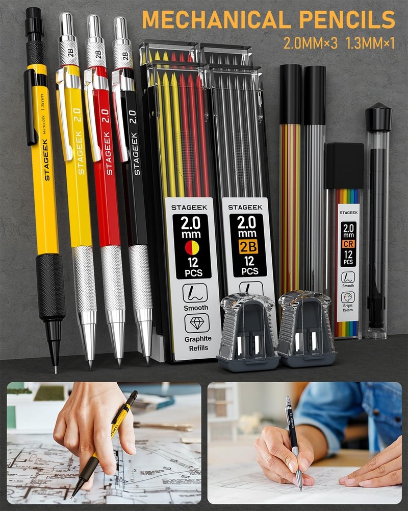 34 Pack Carpenter Pencil Set with Sharpener, Mechanical Pencils | For