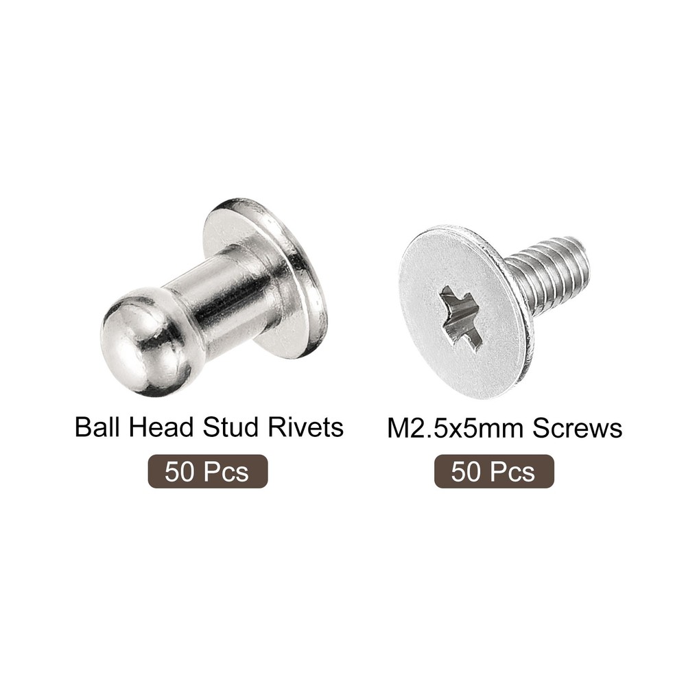 4mm Ball Head Stud Rivets Screw Back, 50Pack Round Head Button, Silver Tone