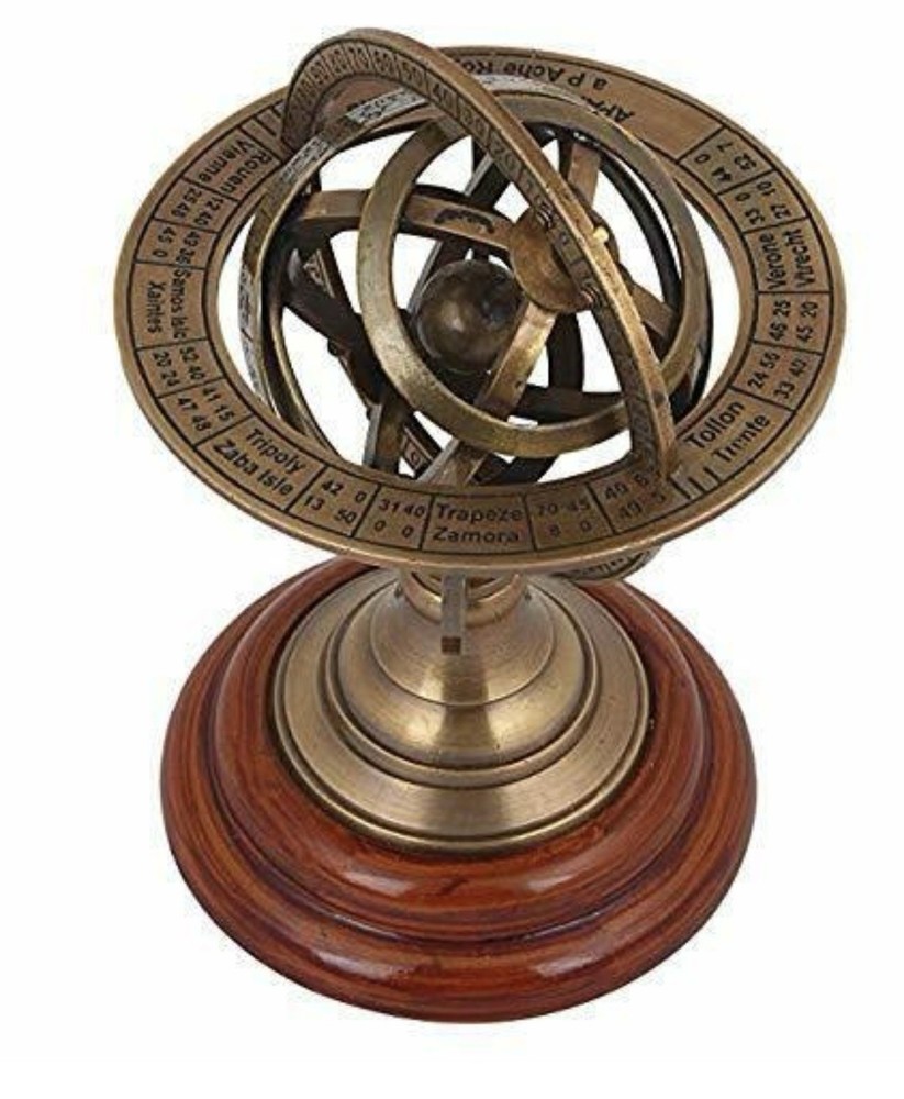 SOLID BRASS ARMILLARY WITH WOODEN BASE