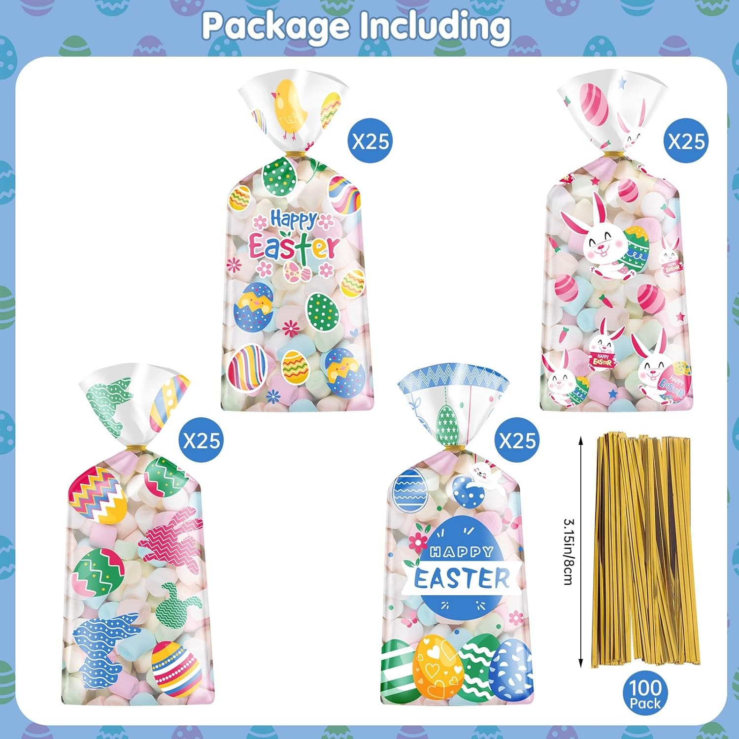 100 Pcs Easter Treat Bags - Happy Easter Gift Bag, Easters Eggs Plastic Cellopha