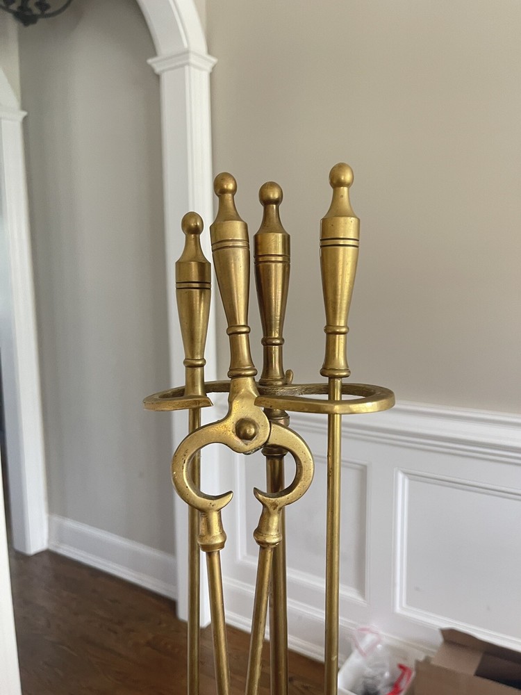 Vintage Solid Brass Fireplace Tool Set 4 Piece + Stand Missing Broom Head