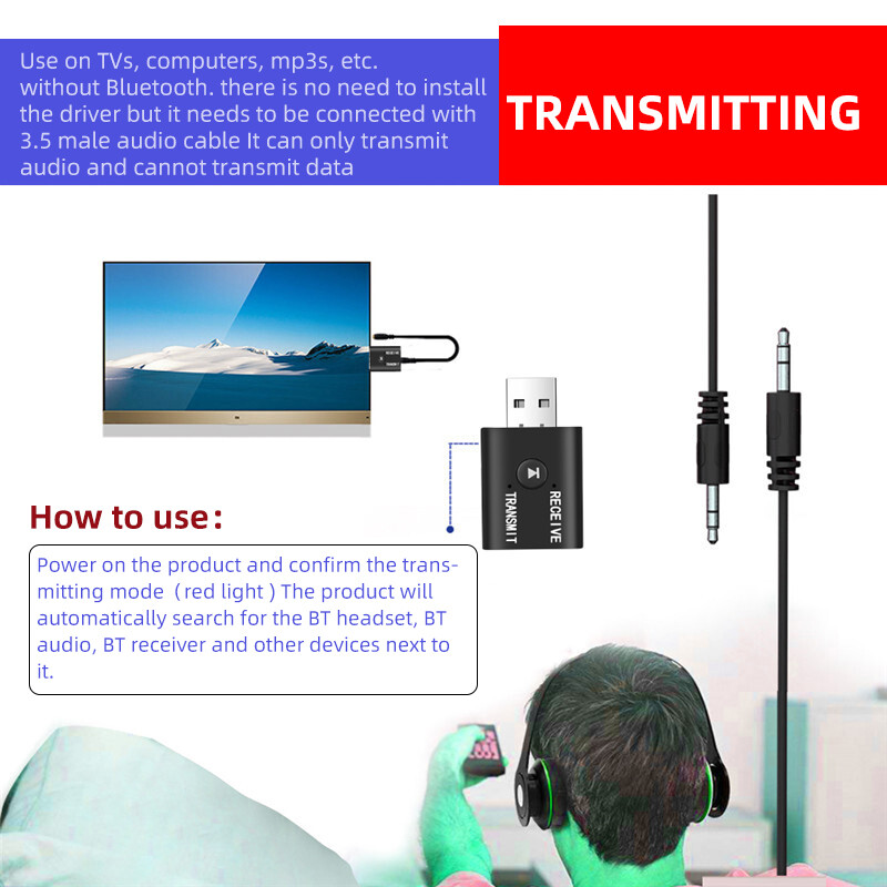 Wireless USB Bluetooth 5.0 Audio Transmitter Receiver Adapter 3.5mm For TV Car