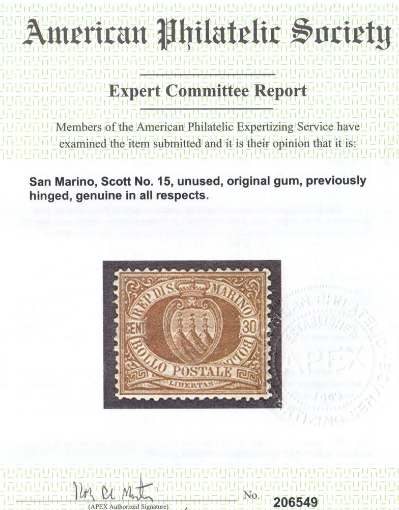 San Marino #15 VF Mint **With Certificate**