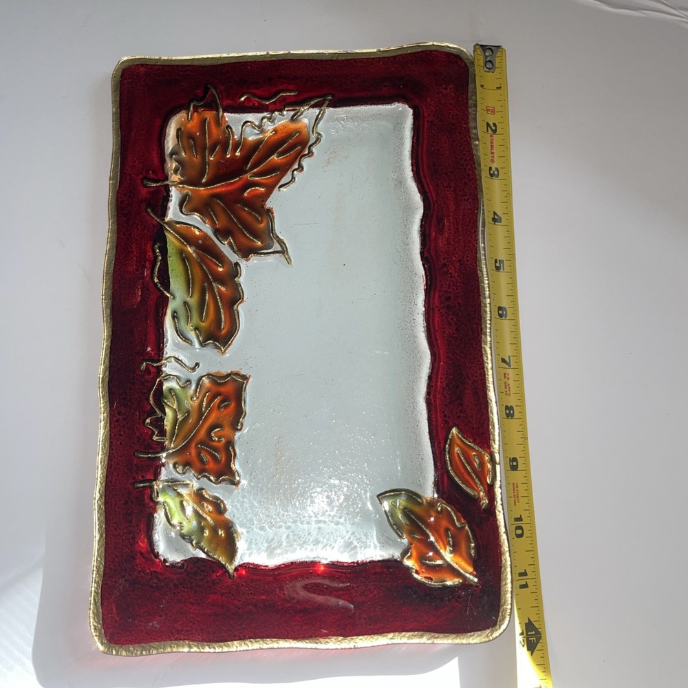 Fused Glass Tray Fall Leaf Pattern Rectangle Red & Brown Tones 12” x 8”