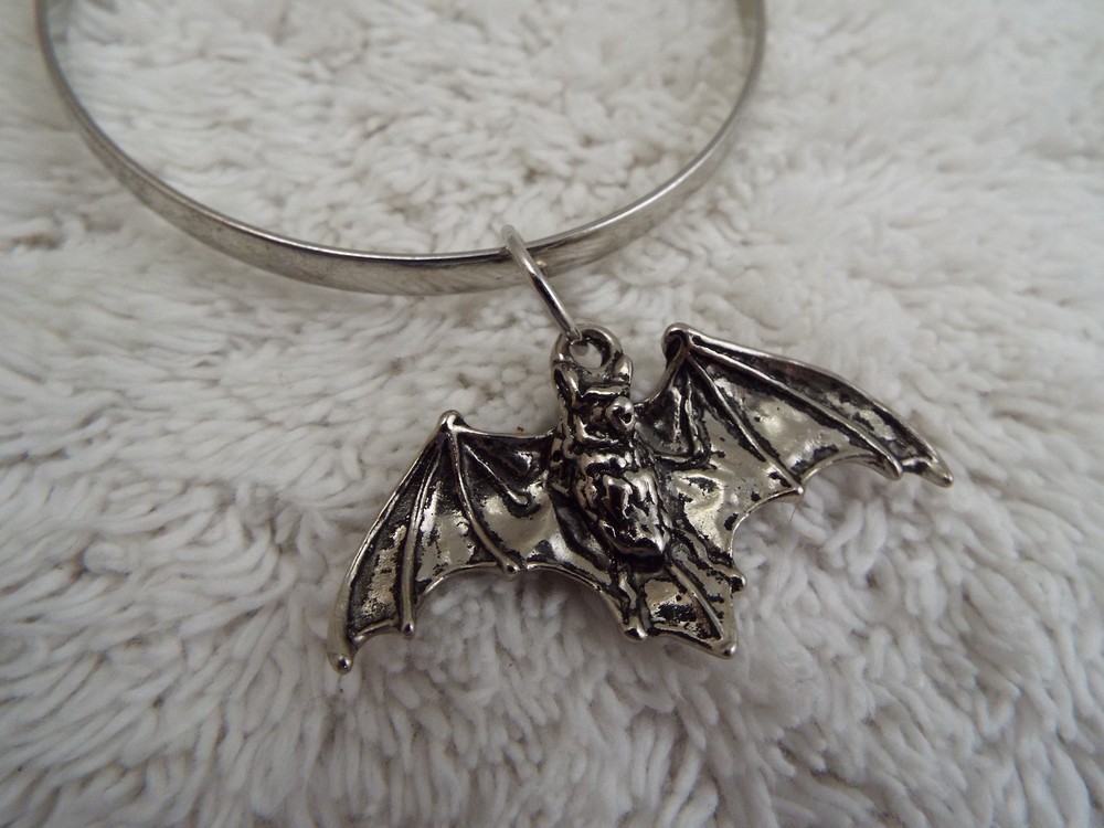 Silvertone Halloween Bat Charm Bangle Bracelet