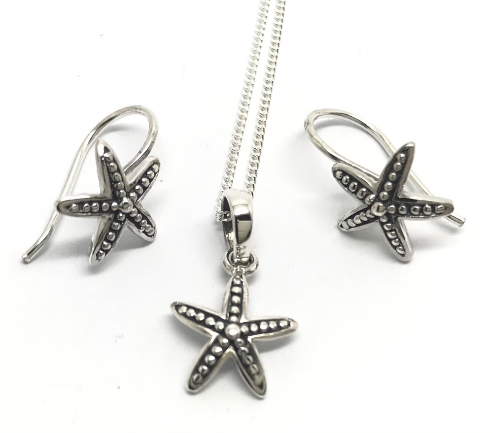 Starfish pendant drop earrings set solid Sterling Silver. Oxidised. Gift Box