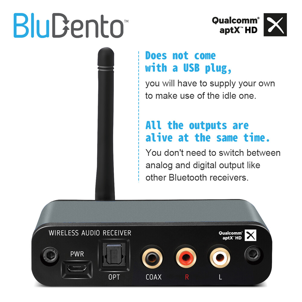 BluDento BLT-HD True Hi-Fi aptX HD LDAC Bluetooth v5.1 Music Receiver OPT COAX