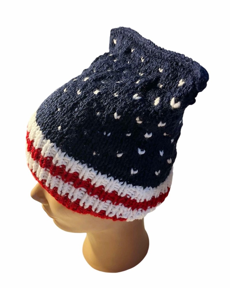 Patriotic Hat Hand knitted Starry Hat Red White and Blue