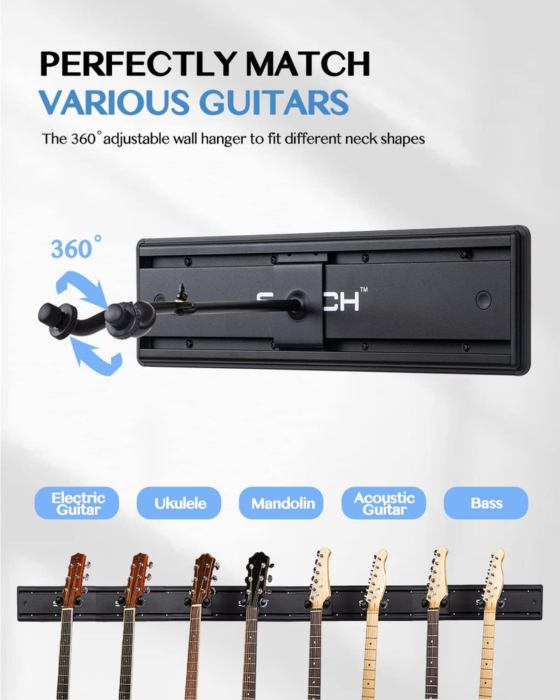 Multi-Guitar Wall Mount Rack - Holds 8 Instruments, Adjustable Metal Stand