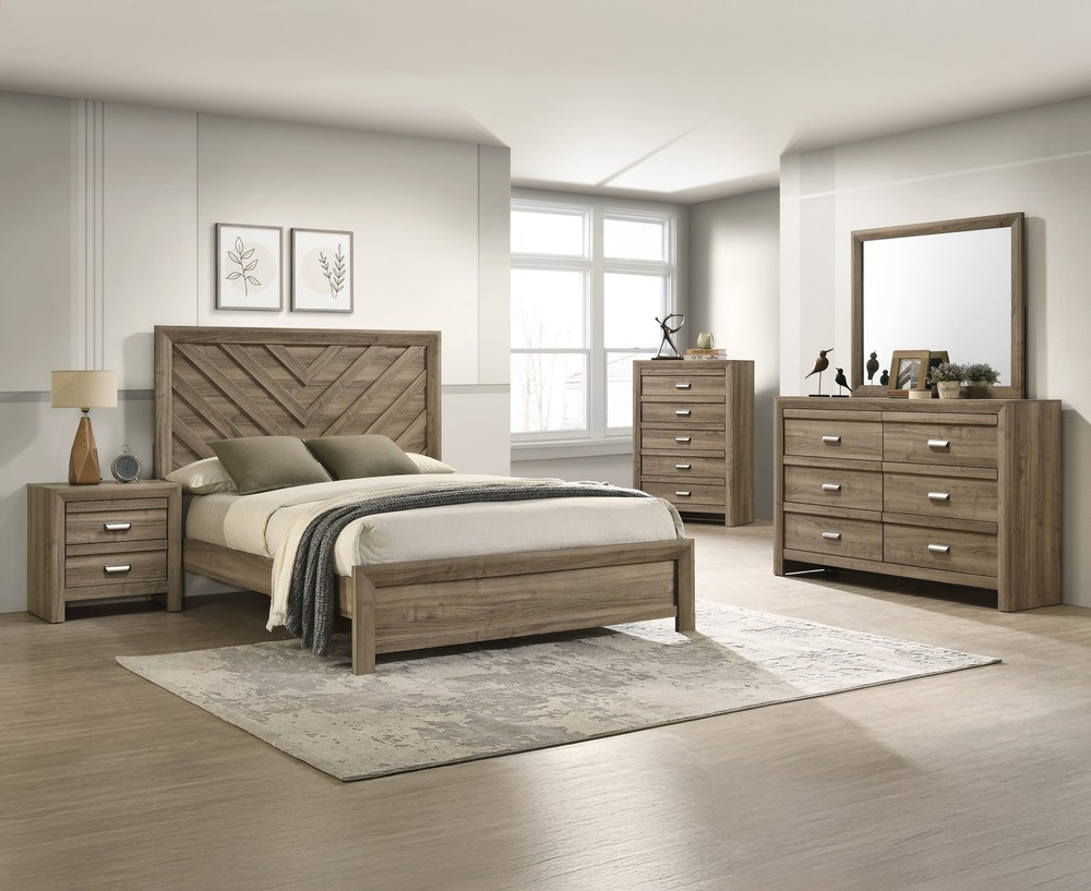 3pc Light Brown Queen Chevron-pattern Panel Bed Chest Nightstand Bedroom Set