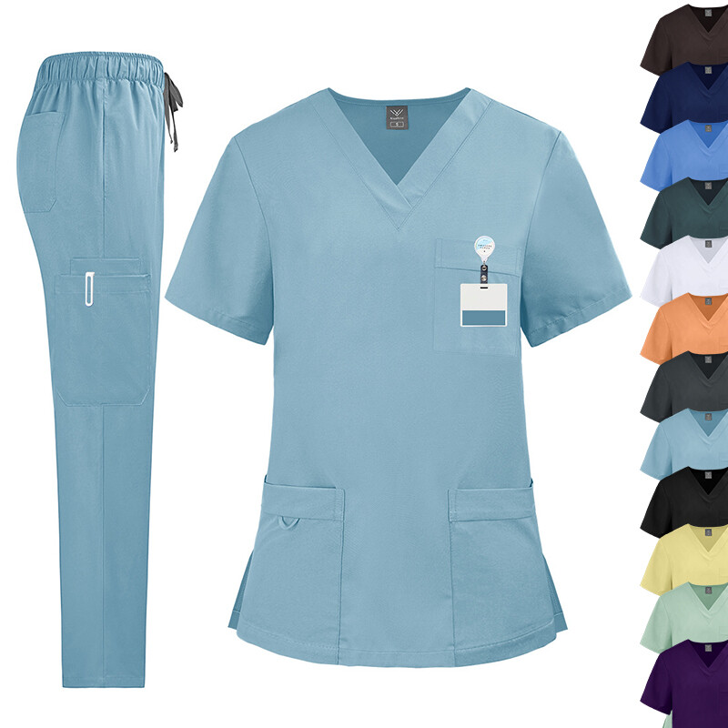 2pcs/set Medical Uniform Nursing Scrub Men Women V-Neck Straight Multi-pocket