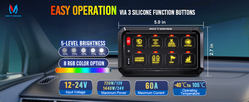 MICTUNING P1s-X RGB 8 Gang Switch Panel - LED Touch Switch Relay Circuit Control