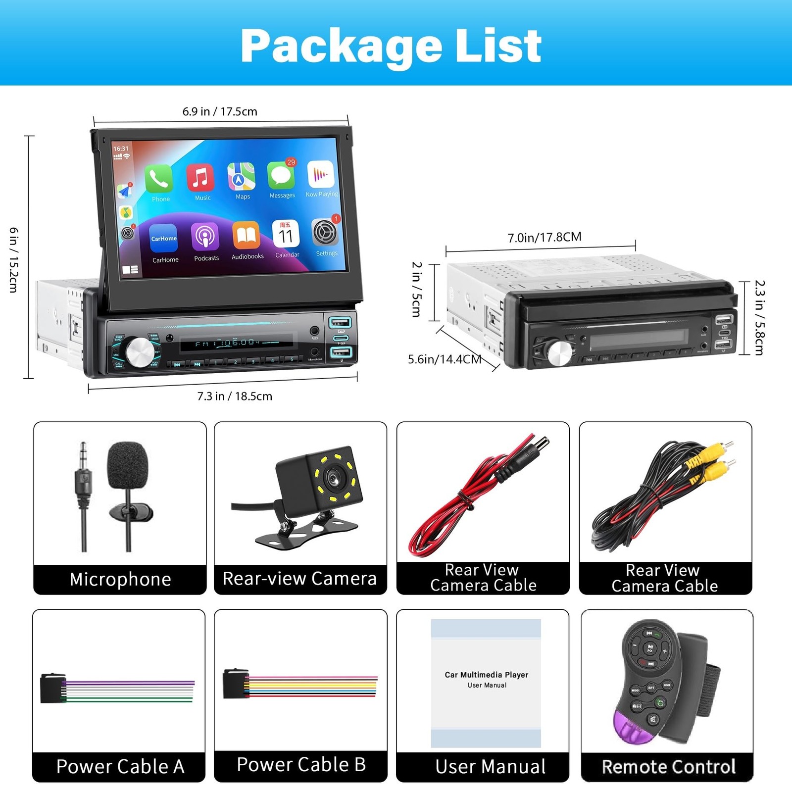 Single Din Car Stereo with Carplay ＆ Android Auto,7 Inch Flip-Out Touchscreen