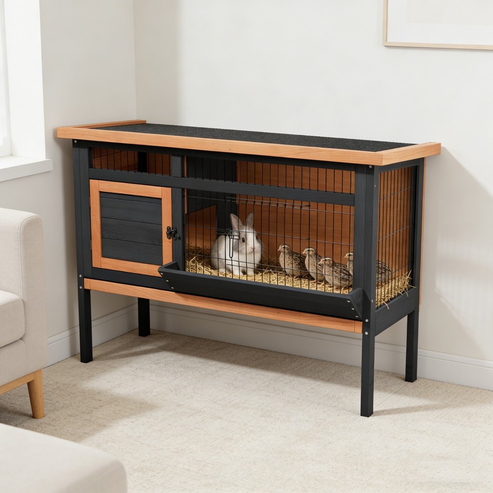 Raised Rabbit Hutch Elevated Bunny Cage with Removable Tray & Openable Roof -