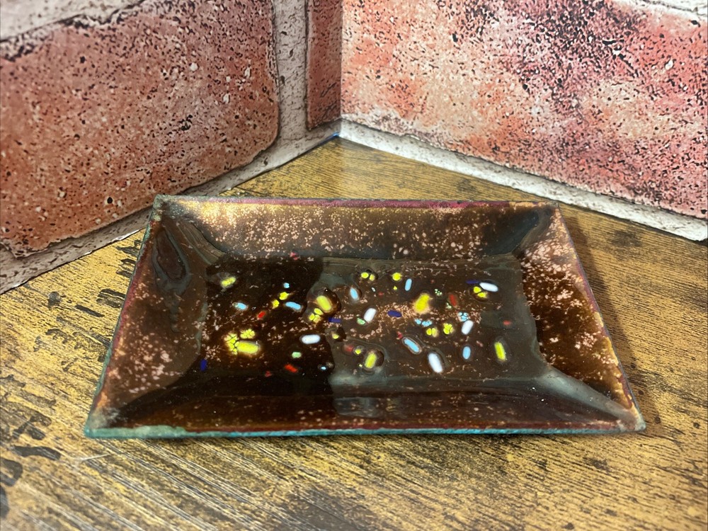 Vintage MCM Abstract Geometric Enamel Over Copper Rectangular Tray Trinket Dish
