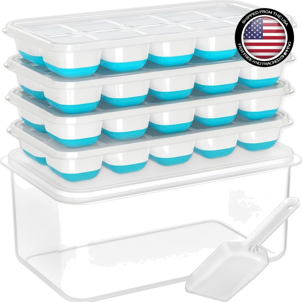 Elegantly Stackable Blue Silicone Ice Cube Trays with Easy-Pop Release - 4 Pack