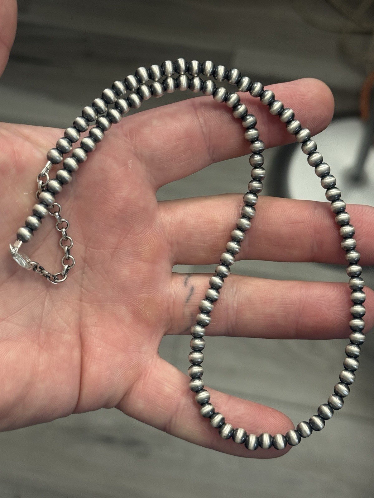 STERLING SILVER 5mm 18” Plus 2” EXT NAVAJO PEARL OXIDIZED BEADED NECKLACE .925