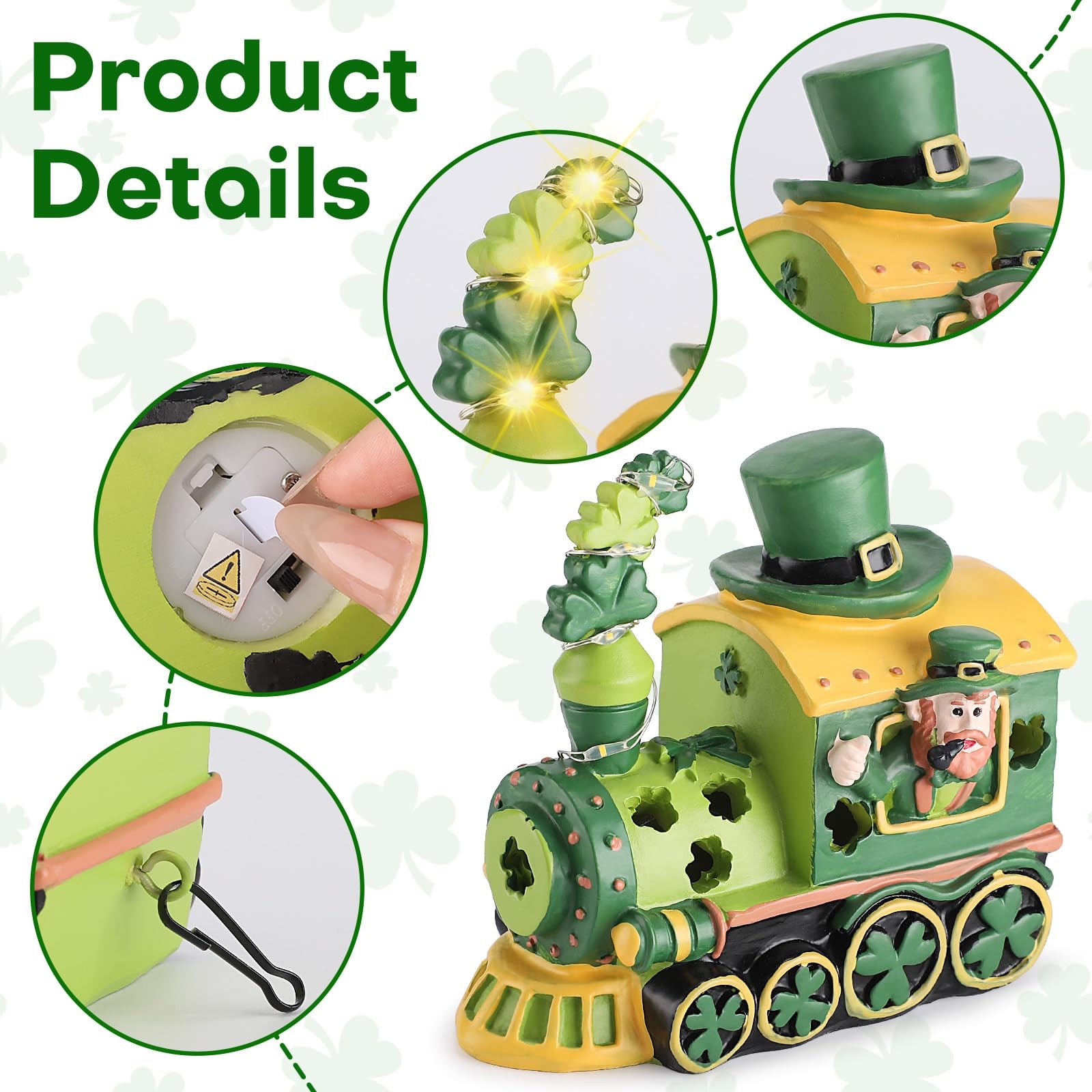 St Patricks Day Decorations Train for Home, Lighted Leprechaun Figurine Train...