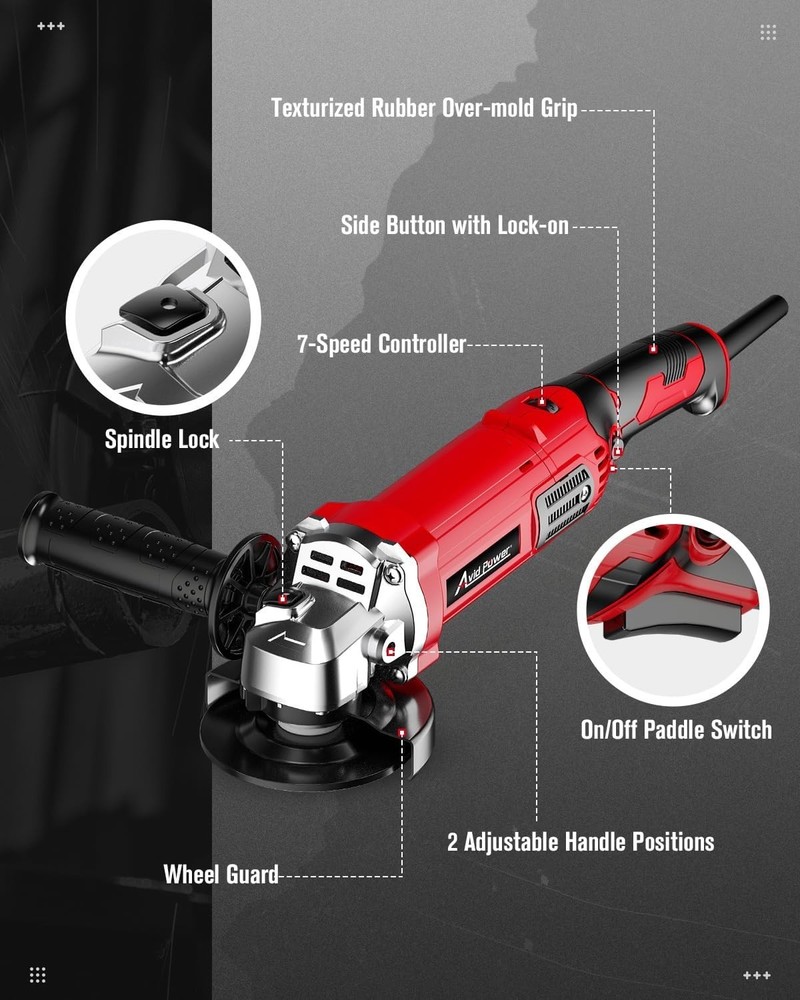 Electric 4-1/2" Angle Grinder 1000W with Adjustable Speed & Paddle Switch