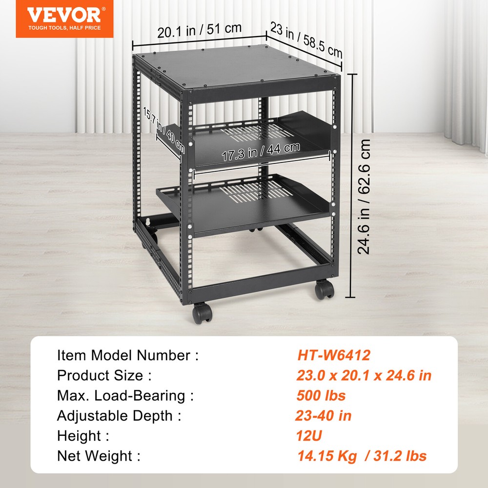 VEVOR 12U 4 Post Open Frame Server Rack Network Enclosure 23''-40'' Adjustable