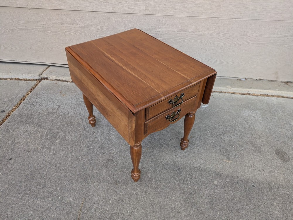 Vintage Rustic Country Colonial Solid Cherry Wood Drop Leaf 2-Drawer End Table A