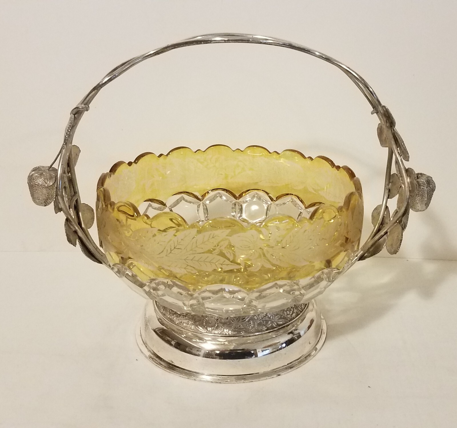 Bride's Basket glass bowl with elaborate silverplate holder