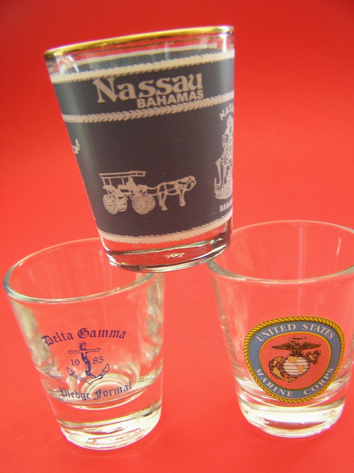 3 Shot Glasses: Nassau Bahamas, US Marine Corps Logo and Delta Gamma Sorority