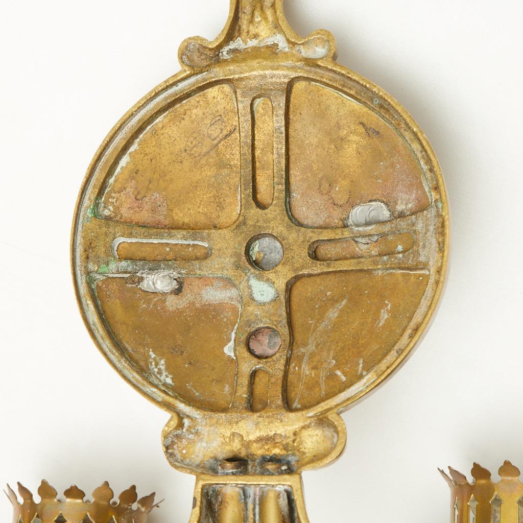 Pair Patinated Brass Etched Grape Glass Hurricane Two Armed Sconces 12.25"h