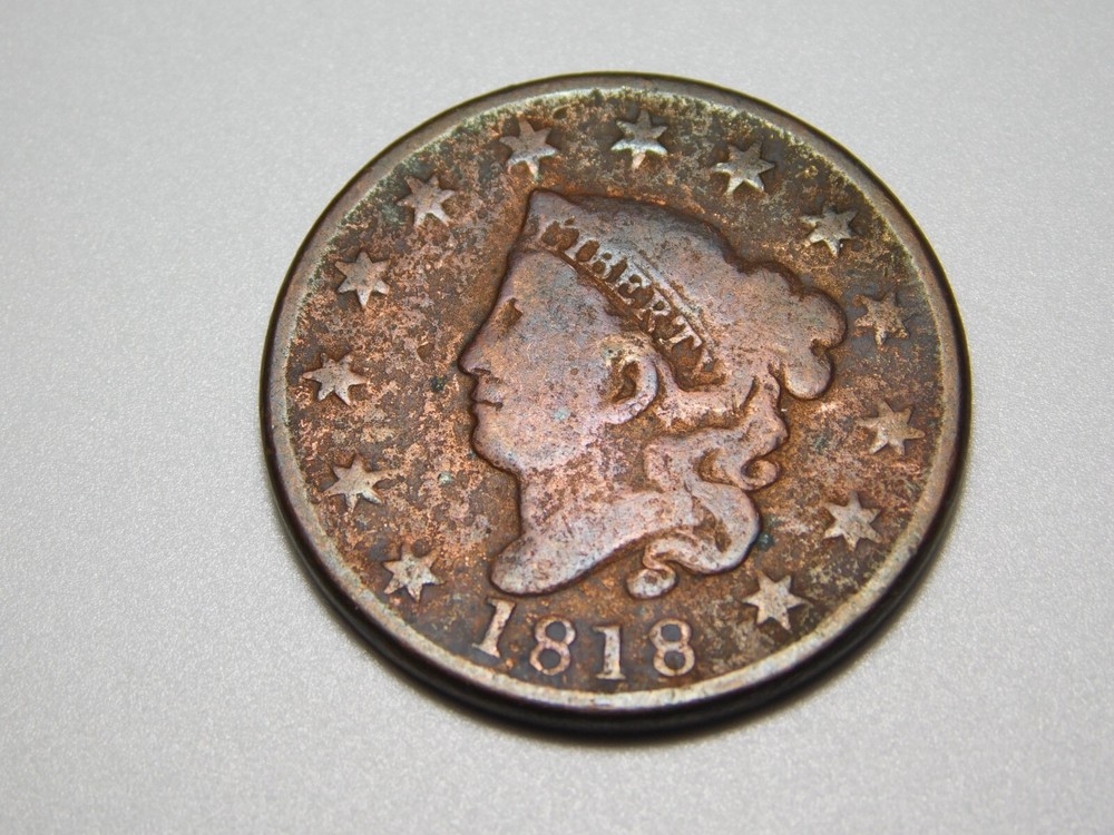 OLD US COPPER COINS 1818 CORONET HEAD LARGE CENT