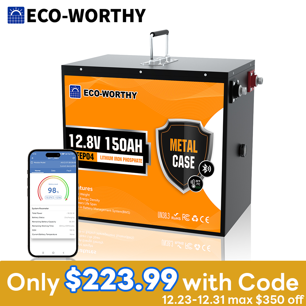 ECO-WORTHY 1920Wh 12V 150Ah LiFePO4 Lithium Battery Bluetooth Metal For RV