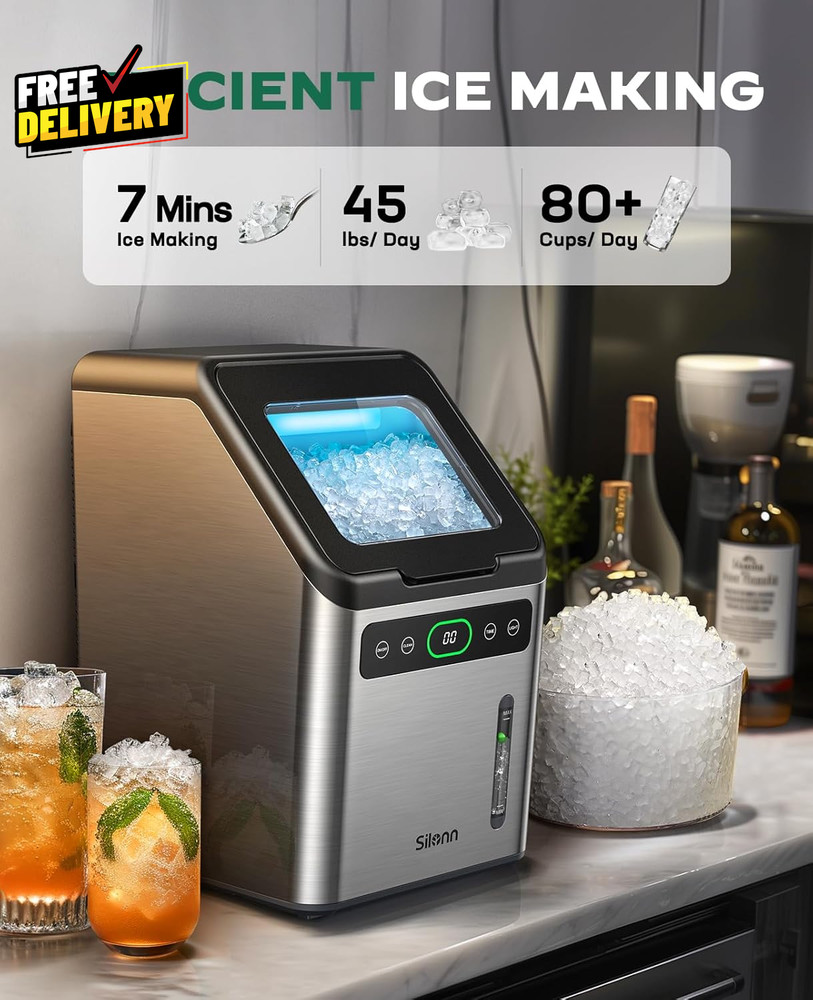 Nugget Ice Maker Timer Ice Machine with Self-Cleaning 44Lbs per Day Pebble Ice..