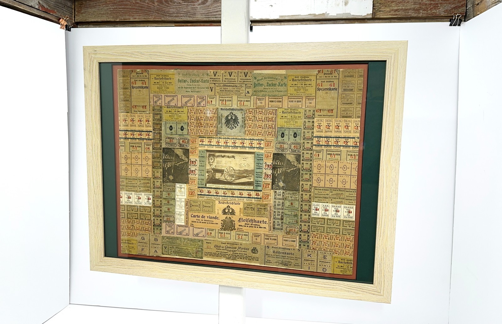 WWI Framed Ration Coupon Collage Folk Art Strasbourg Alsace Germany Trench 1917