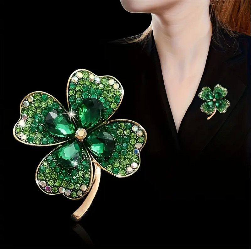 FOUR LEAF CLOVER BROOCH Green Frosted-Tips Lapel Pin St. Patrick's Day Shamrock