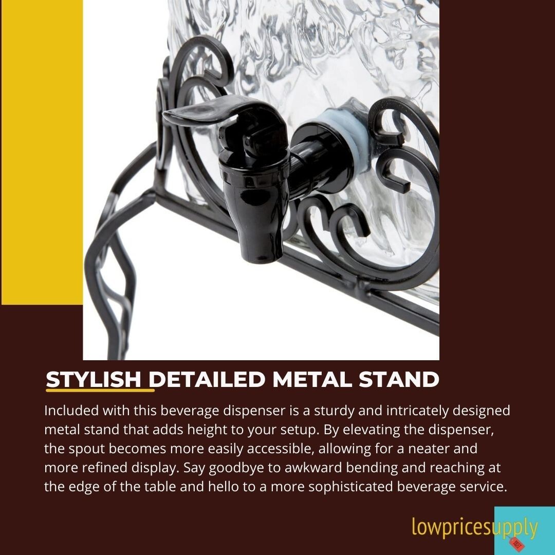 5 Gallon Hammered Glass Beverage Dispenser with Metal Stand - FAST SHIPMENT