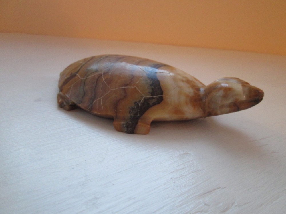 Solid Stone Turtle Figurine Hand Carved 6" Long