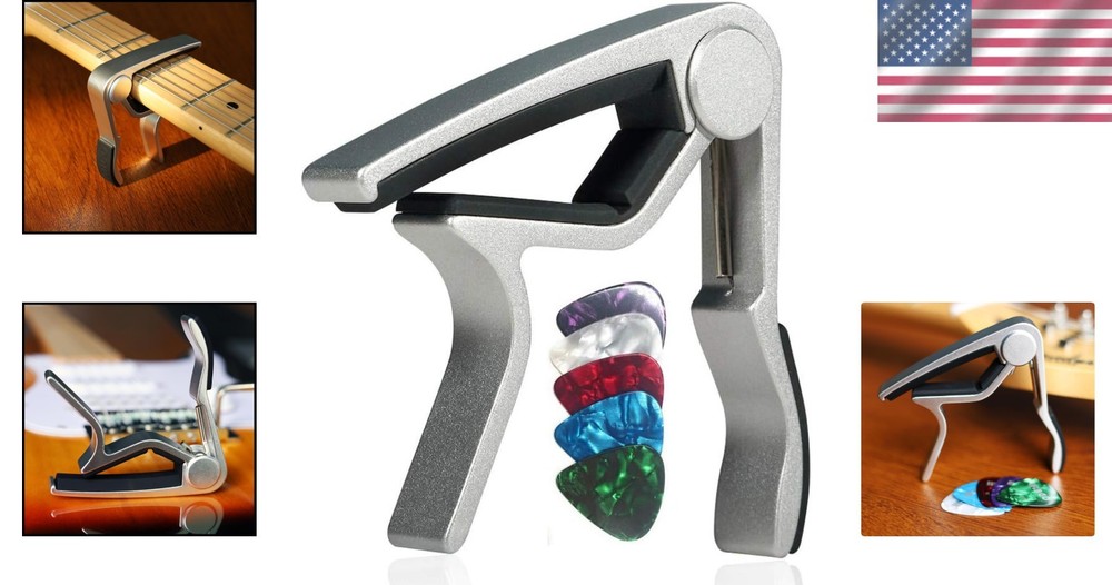 Silver Guitar Capo for 6-String Guitars + 5 Picks - Quick Release